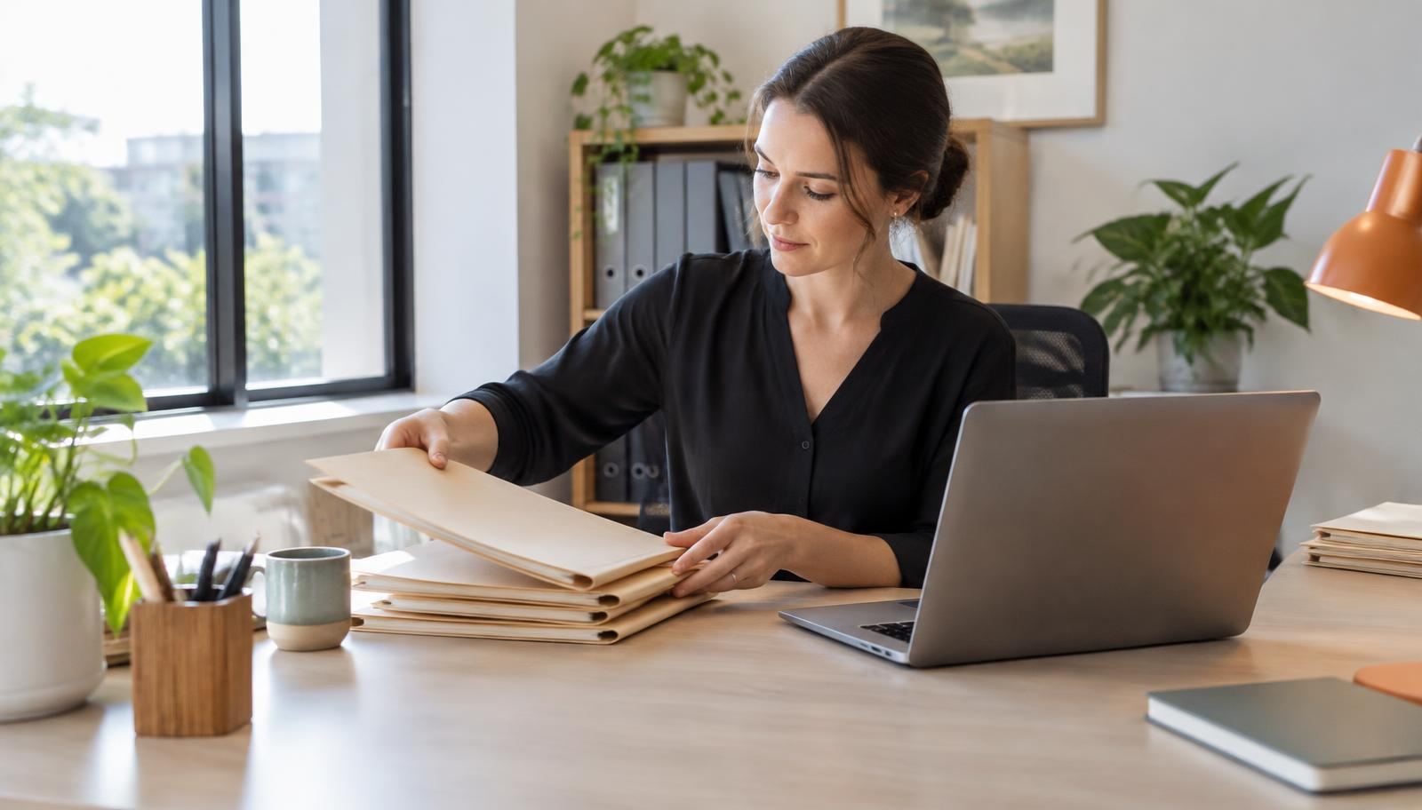 An accountant at a tidy desk reviewing organised document folders on a monitor, with a calculator and coffee nearby