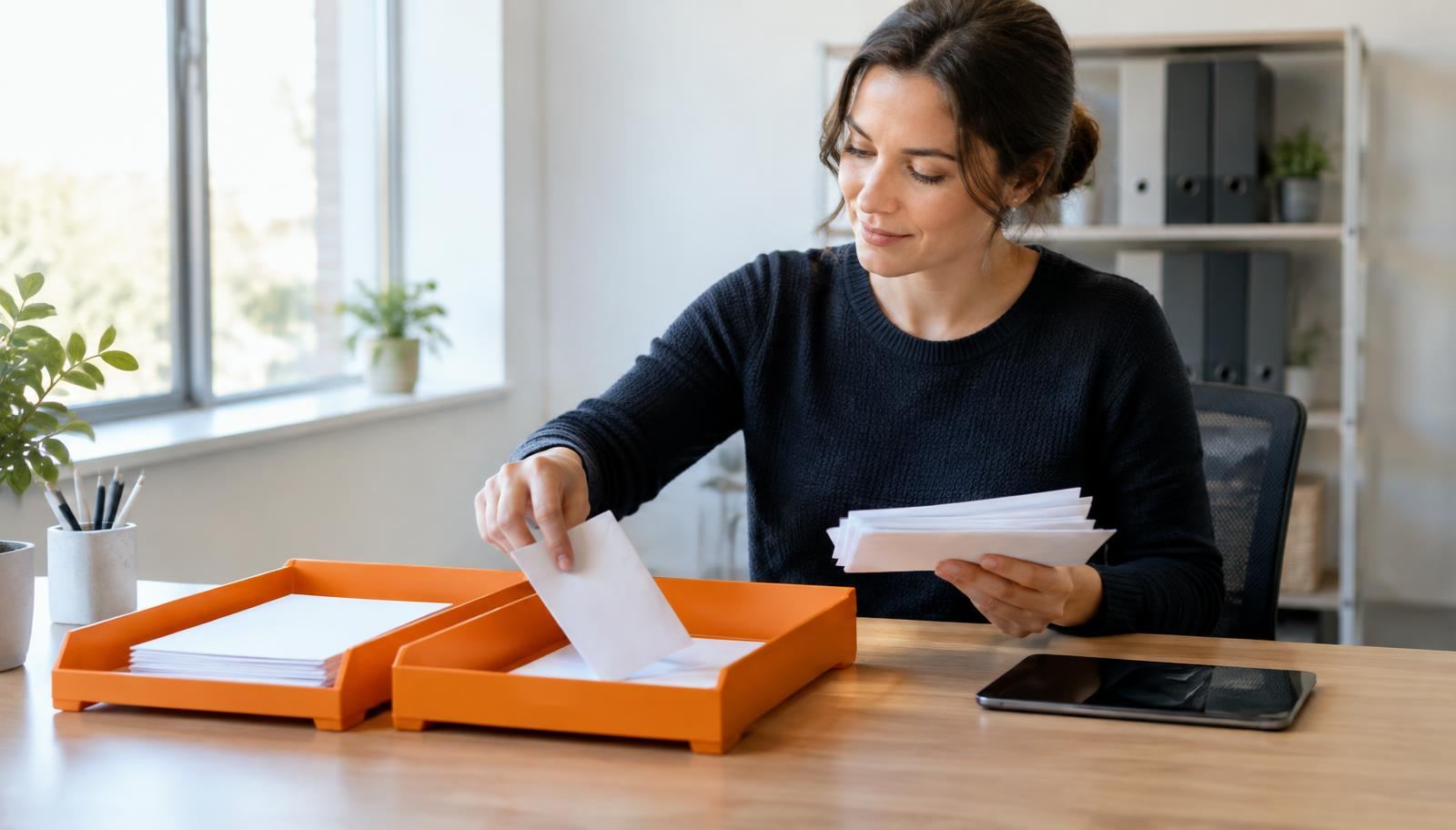 A bookkeeper at a desk with a checklist on screen and neatly labelled document trays beside the keyboard