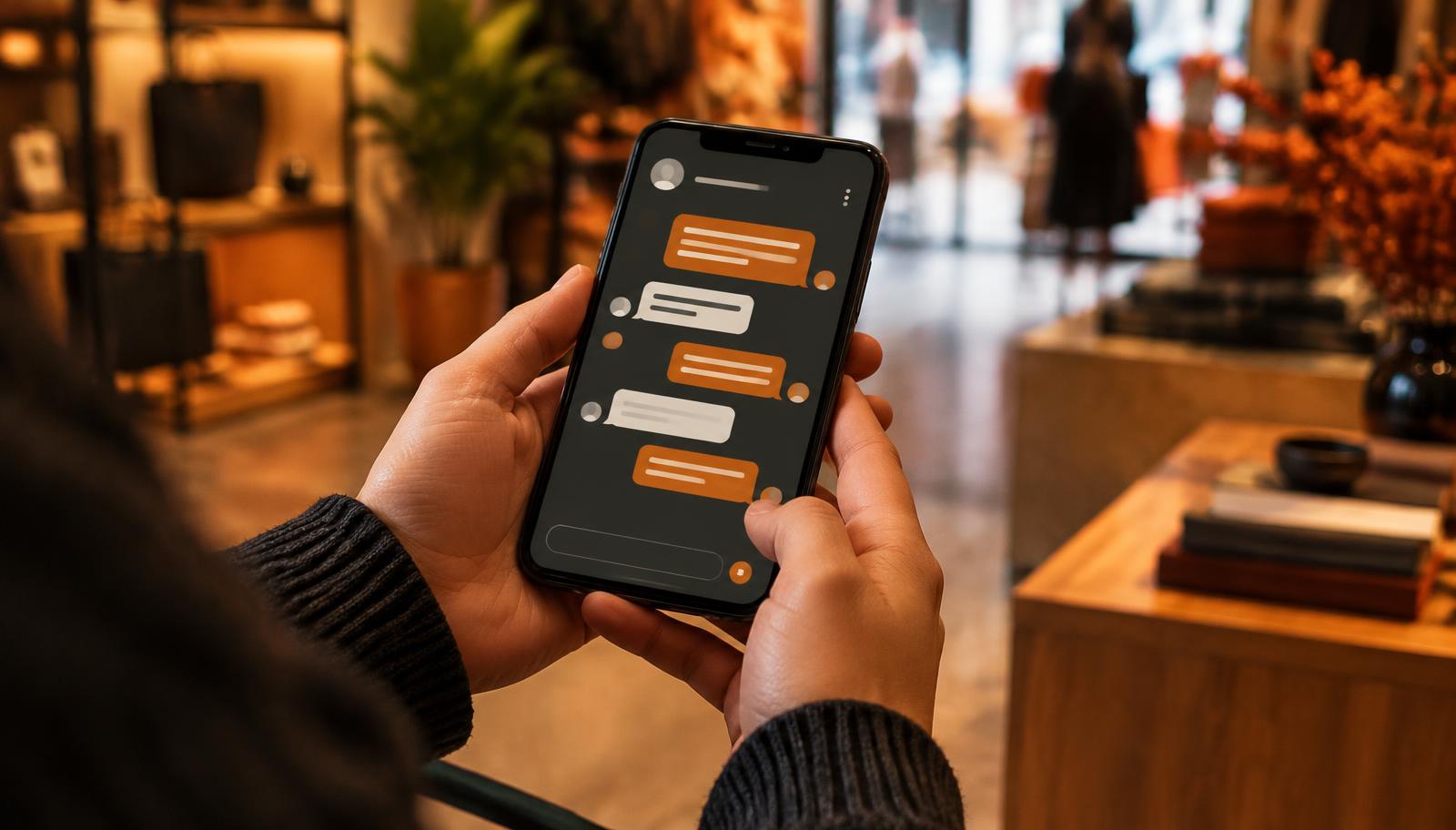 A person holding a phone showing a chat conversation in a shop