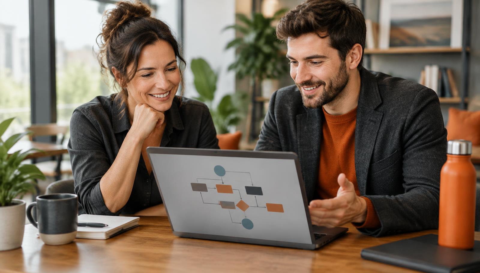 A business owner and an AI consultant smiling while reviewing a simple workflow diagram on a laptop