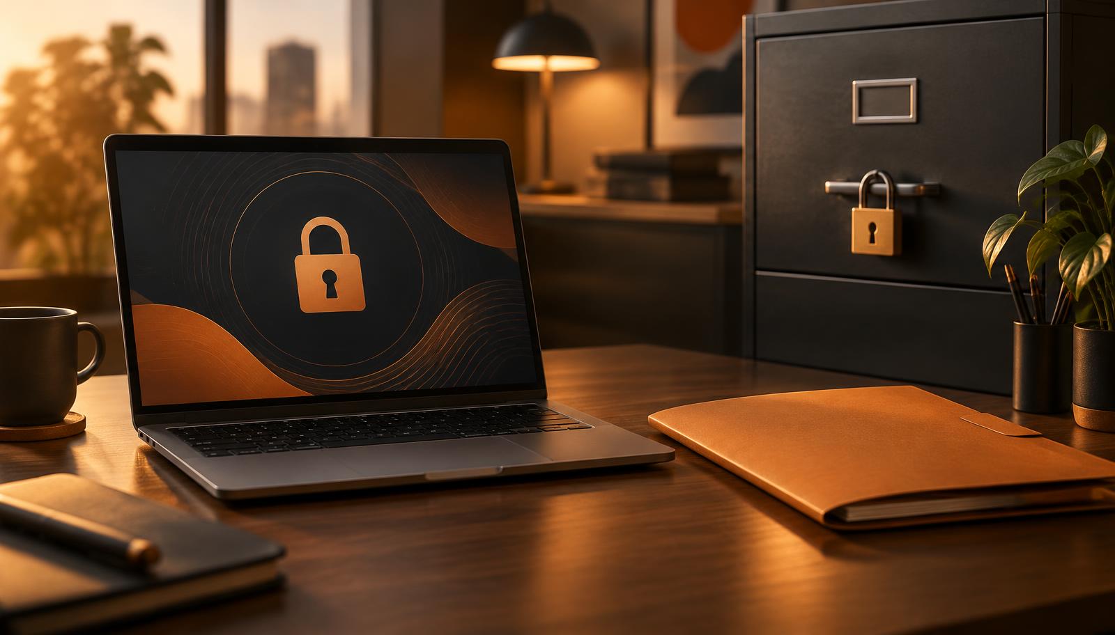 A laptop showing a padlock symbol next to a locked filing cabinet on an office desk