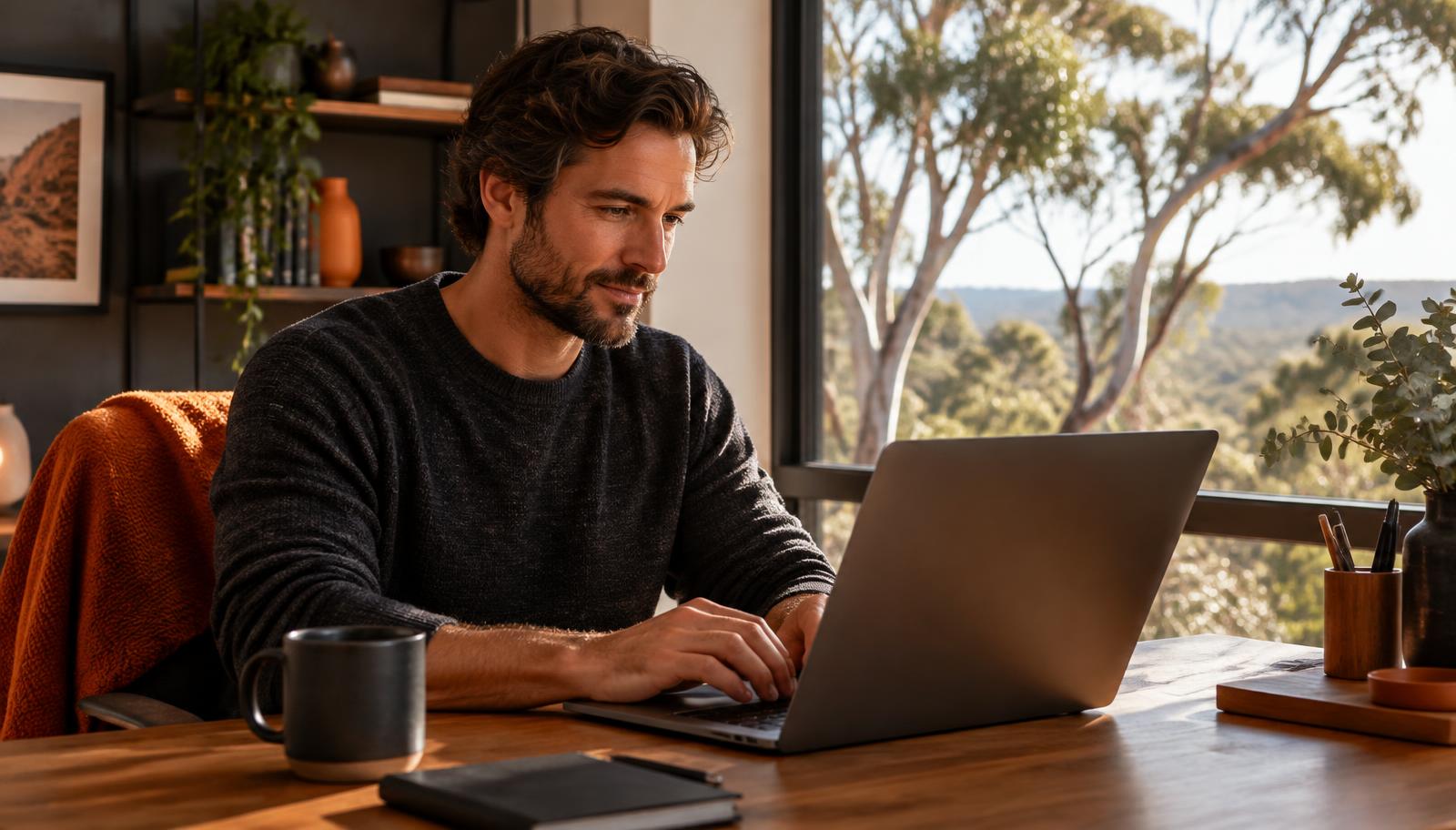 An automation specialist working on a laptop in a home office overlooking gum trees