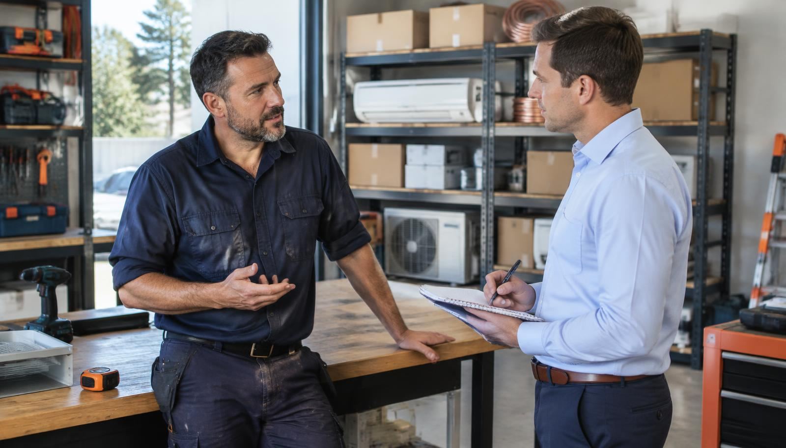 A trade business owner and a consultant reviewing a printed workflow plan on a workshop bench