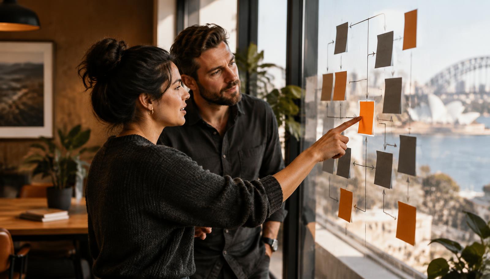 Two colleagues mapping a business process with sticky notes on an office window
