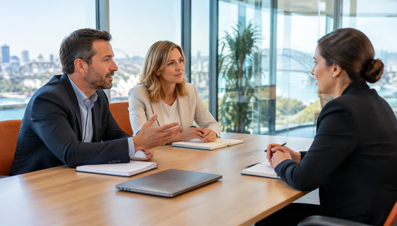 Two professionals in a bright office meeting room discussing a simple workflow diagram on a laptop