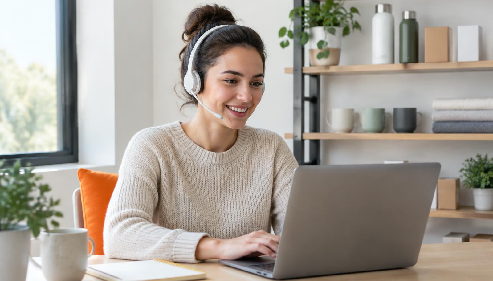 A customer service team member at a desk with a headset, reviewing a customer message on screen
