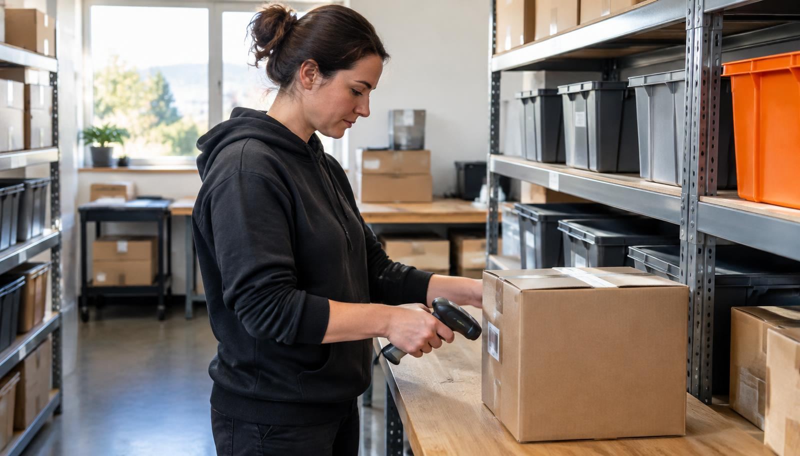 A warehouse worker scanning a barcode on a box on a stocked shelf while holding a tablet