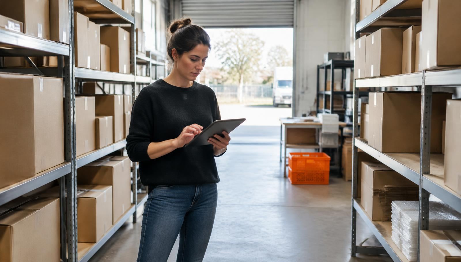 A small online store owner at a packing table checking orders on a laptop, surrounded by parcels