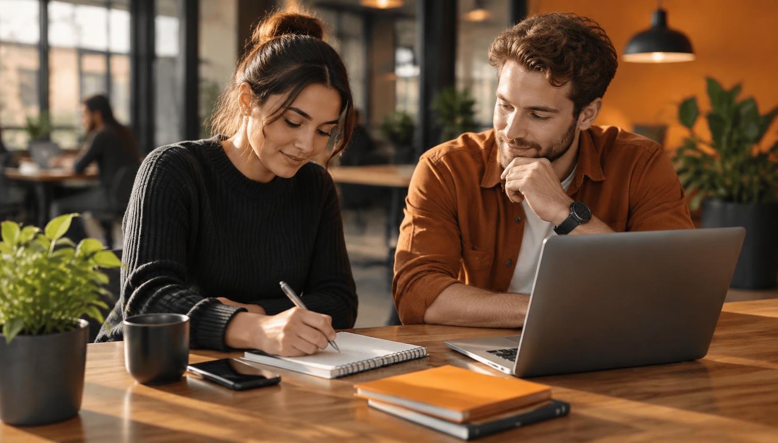 Two people planning a project together with a notepad and laptop