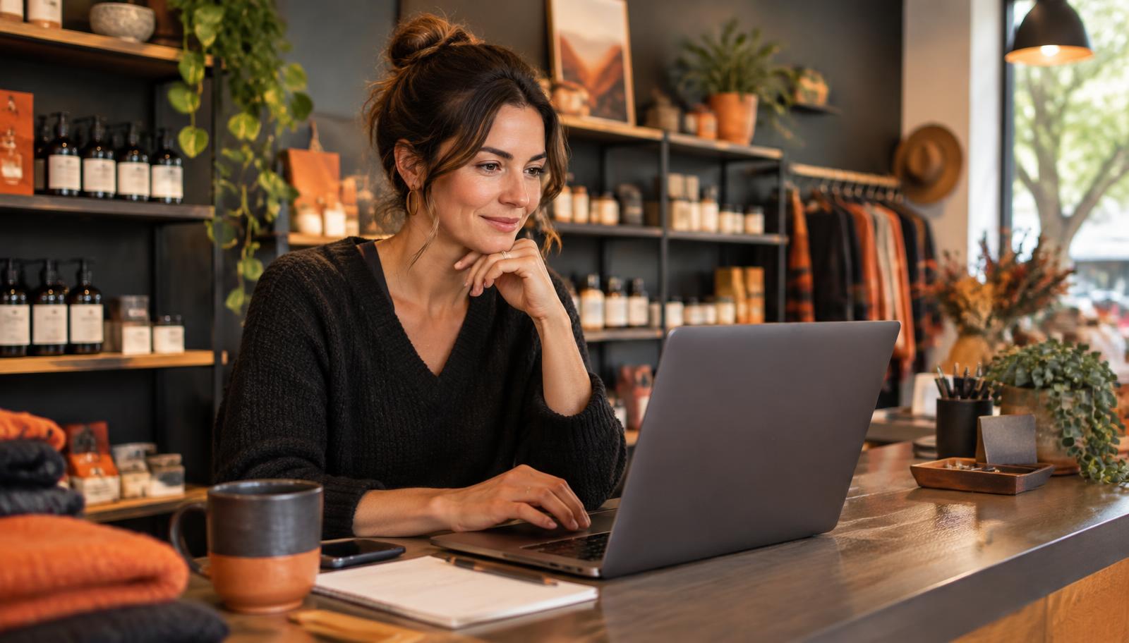 A boutique shop owner planning an email newsletter on a laptop at the counter