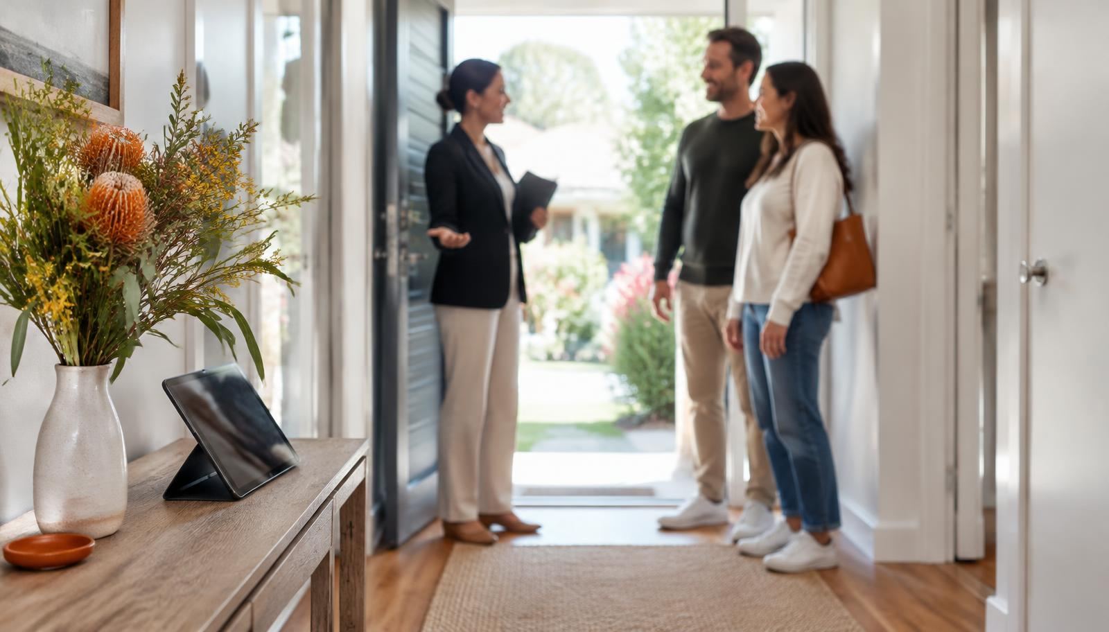 A real estate agent standing at the entrance of a sunlit home holding a tablet during an open home