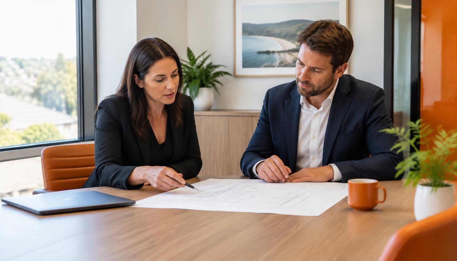 Two people at a meeting table in a modern office reviewing contact records on a laptop screen