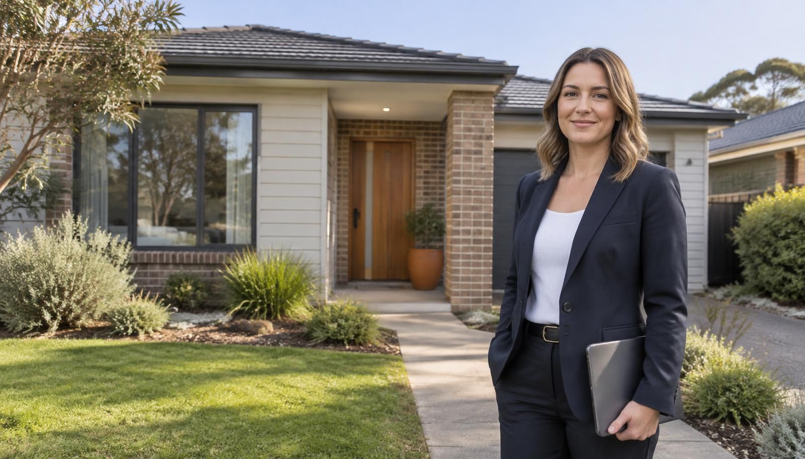 A real estate agent in a navy blazer, holding a tablet, stands smiling on the front path of a single-storey brick and weatherboard home with a native garden and lawn
