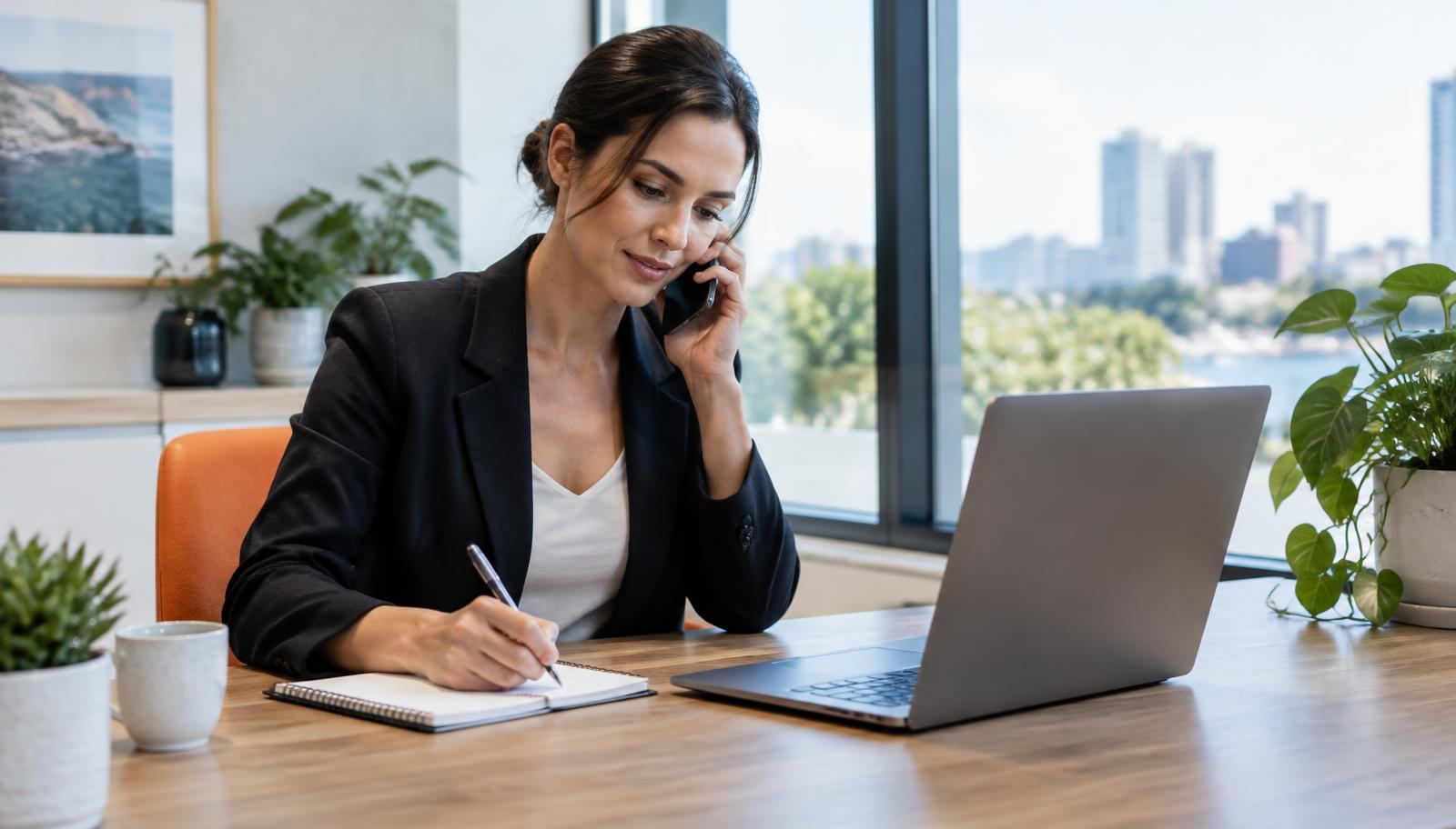 A recruitment consultant at a desk with a headset, reviewing a calendar and task list on two monitors