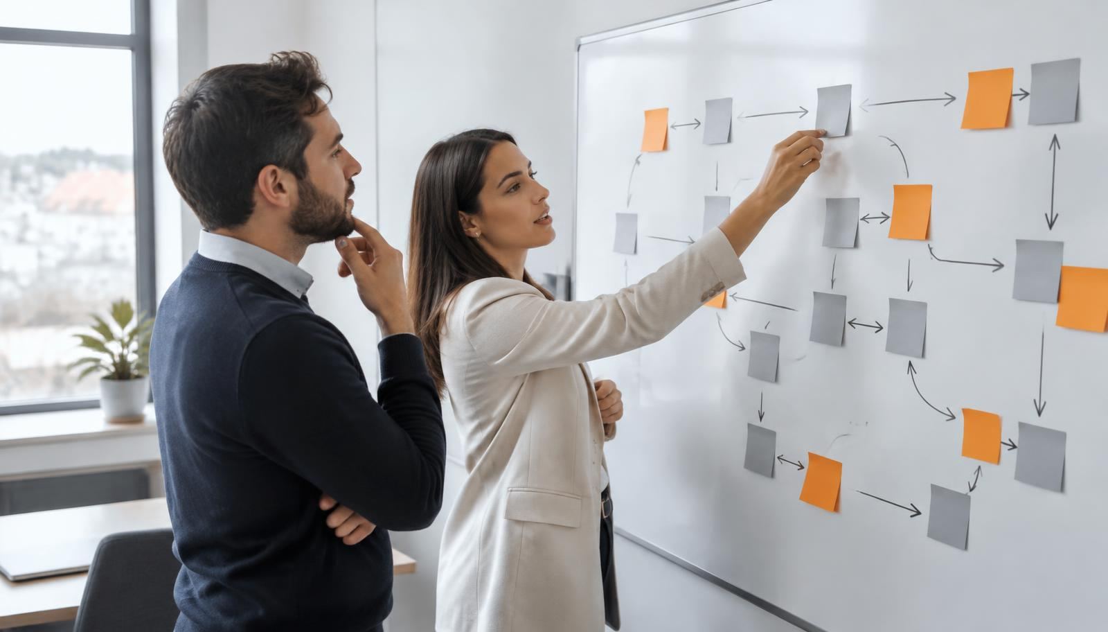 Two colleagues at a meeting table reviewing a printed process checklist next to a laptop