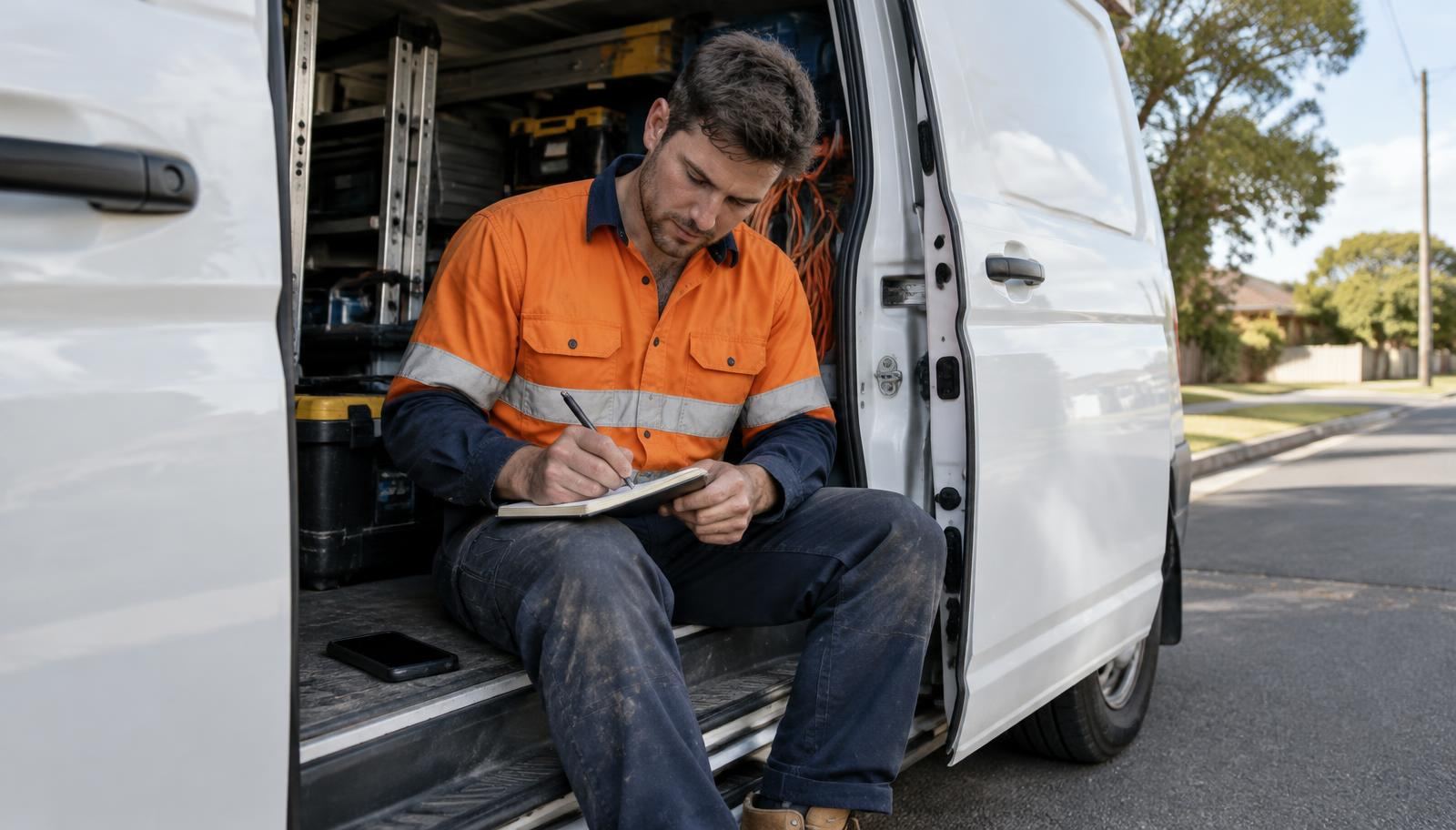 A tradesperson in a work van reviewing a simple job list on a tablet, with tools and a coffee on the dashboard