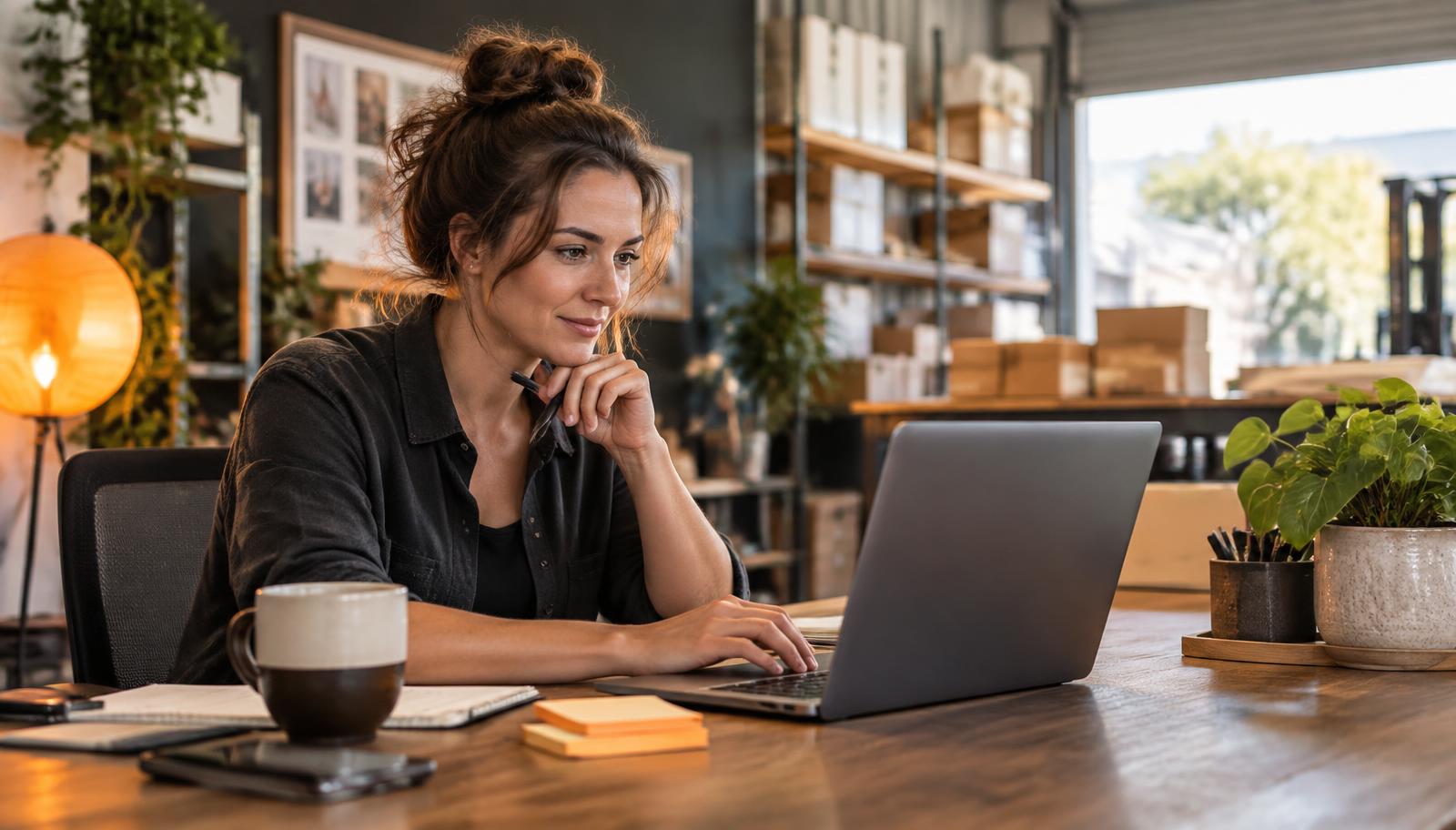 A small business owner reviewing a workflow on a laptop in a warehouse office